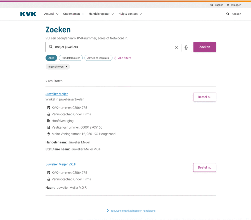 Controleer bij de kvk of de webshop bestaat
