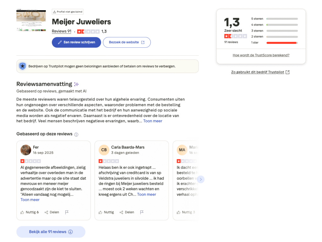 Trustpilot reviews voor Meijer Juweliers